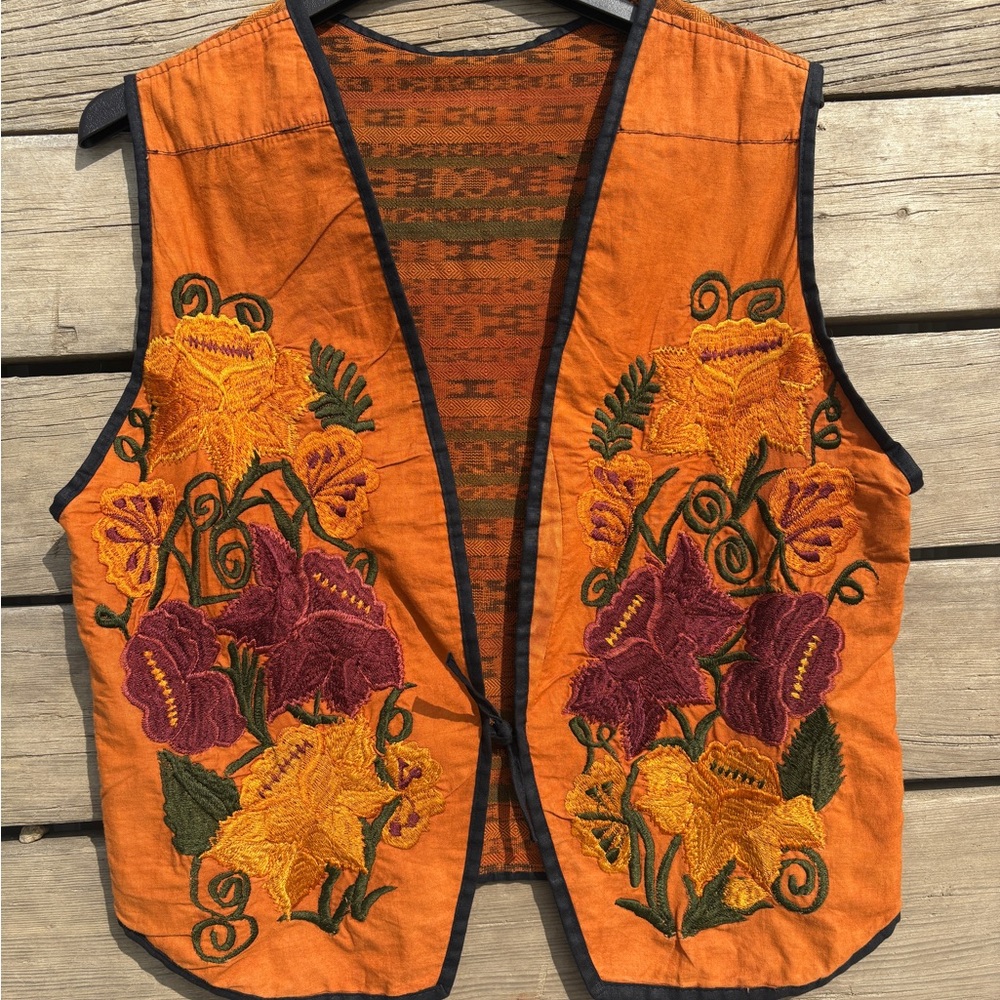 Embroidered Orange Floral Cotton Vest
